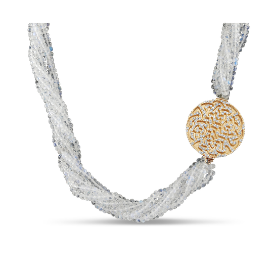 Moonstone Beads & Diamond Necklace In 18K Yellow Gold