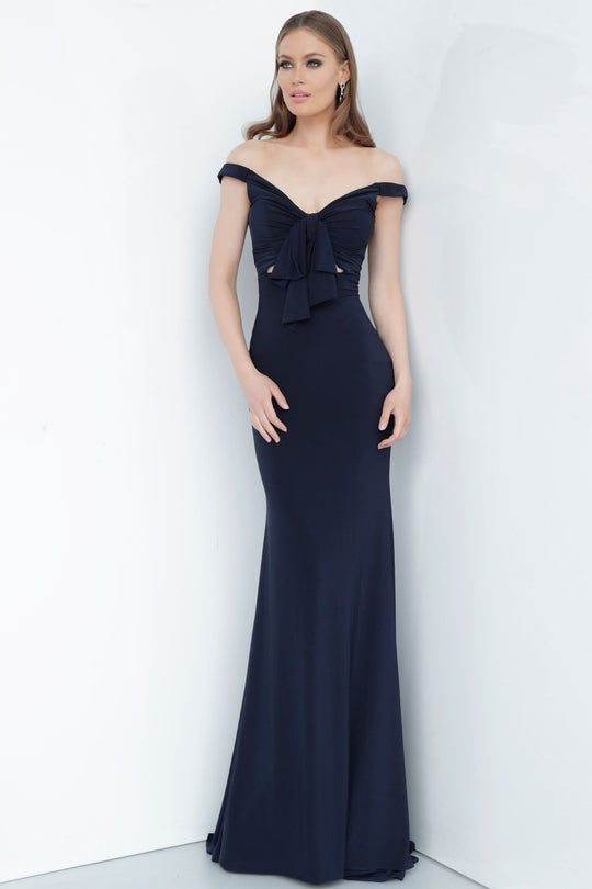 Jovani - 67380 Off-shoulder Long Trumpet Dress In Blue and Black