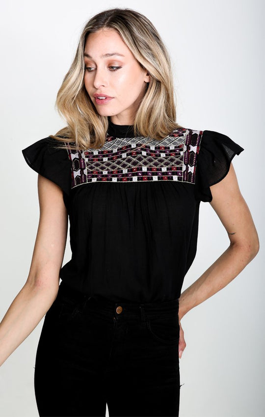 DIANA EMBROIDERED RUFFLE SLEEVE TOP