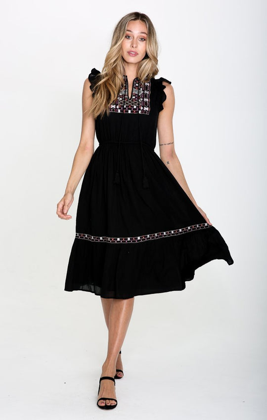 DIANA EMBROIDERED RUFFLE SLEEVE DRESS