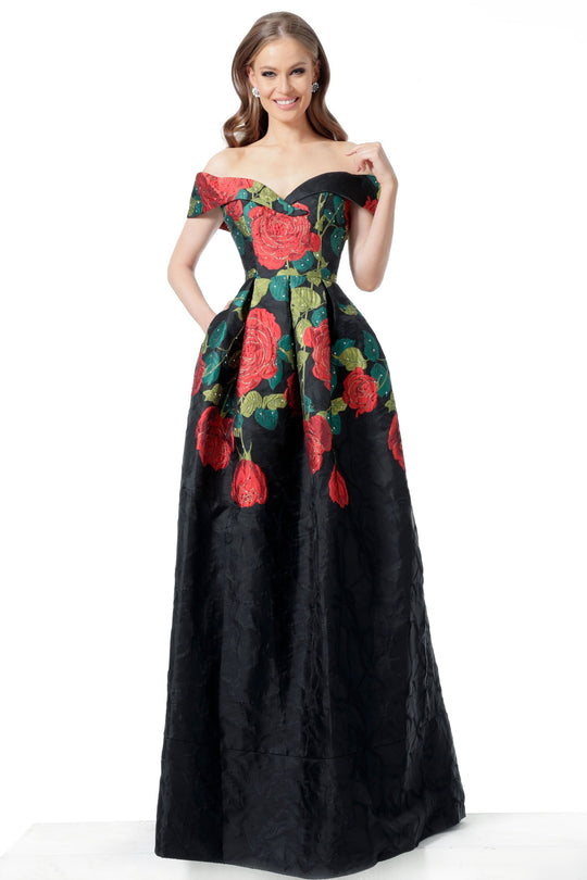 Jovani - 64271 Off-Shoulder Printed Ball Gown In Black and Multi