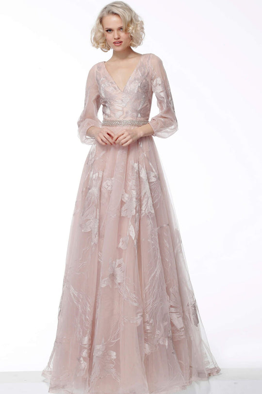 Jovani - 68056 Three Quarter Sleeves V-Neck Long Dress In Pink and Neutral 