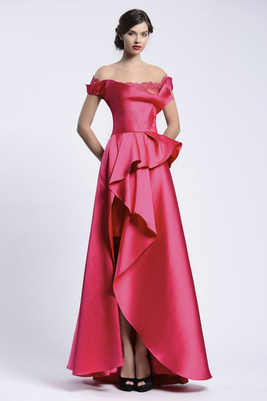 Beside Couture by Gemy - BC 1160 Lace Off-Shoulder Peplum A-line Dress In Pink