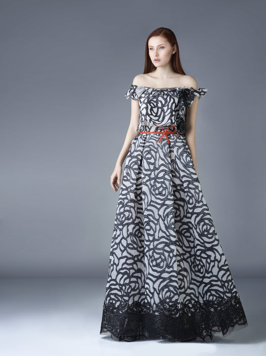 Beside Couture by Gemy - BC 1182 Embroidered Ruffle Off-Shoulder Dress In Black and White