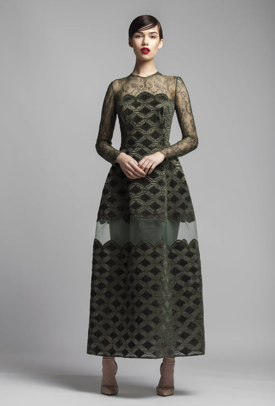 Beside Couture by Gemy - BC1368 Fully Lace Long Sleeve A-line Dress In Green
