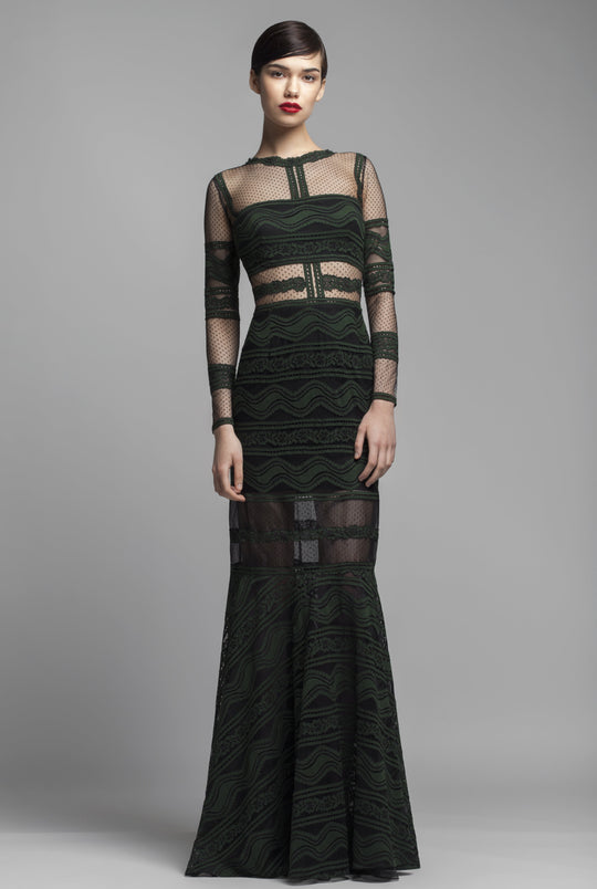 Beside Couture by Gemy - BC1369 Lace Long Sleeve Trumpet Dress In Black and Green