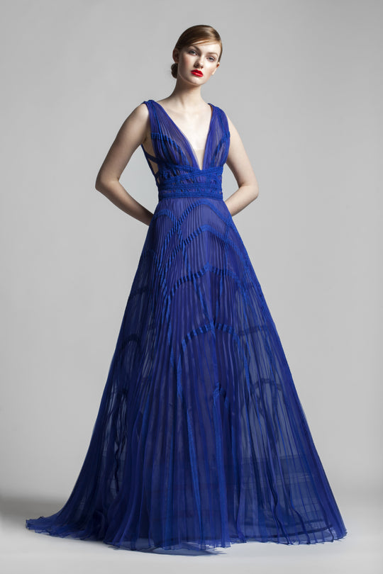 Beside Couture by Gemy - BC1376 Contour-Banded Lace Pleat-Ornate Gown In Blue