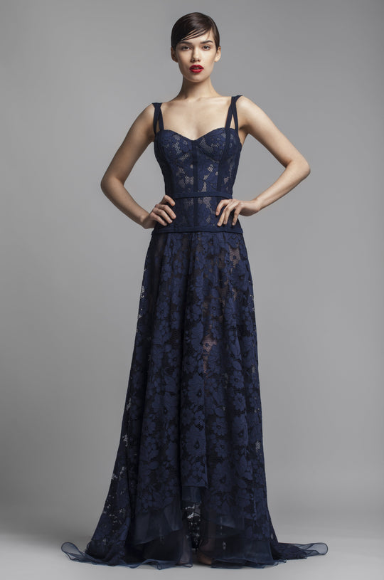 Beside Couture by Gemy - BC1378 Sweetheart Banded Floral Lace Gown In Blue