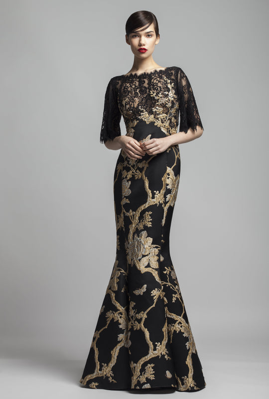 Beside Couture by Gemy - BC1383 Lace Ornate Gilt-Embroidered Long Gown In Gold and Black