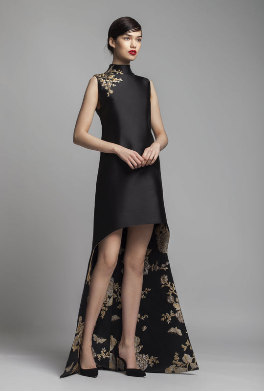 Beside Couture by Gemy - BC1384 Floral Embroidered High Low Gown In Gold and Black