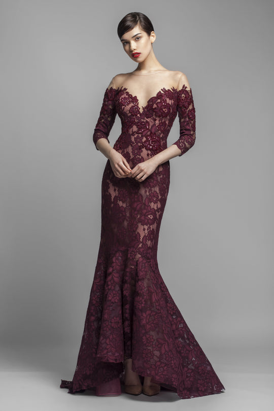 Beside Couture by Gemy - BC1391 Illusion Floral Lace Mermaid Gown In Red