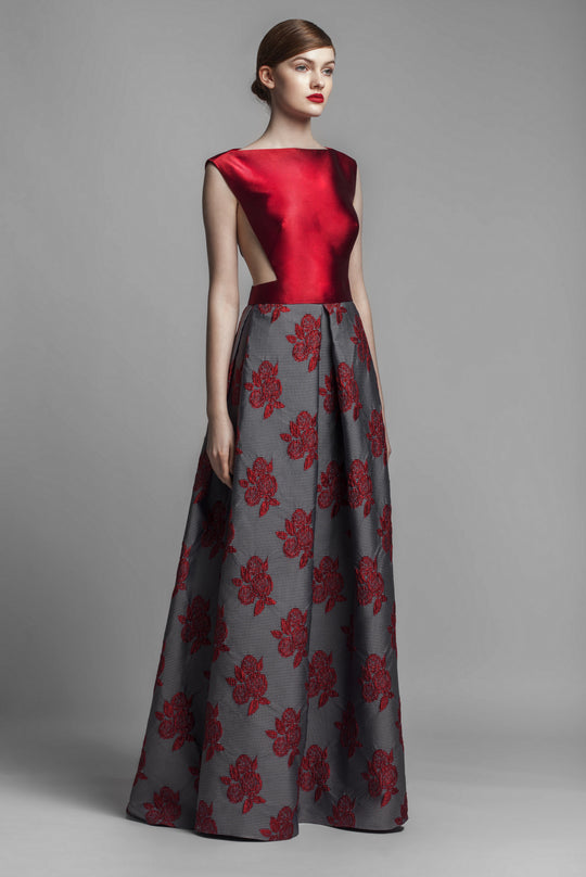 Beside Couture by Gemy - BC1395 Bateau Side Cutouts ALine Evening Gown In Gray and Red