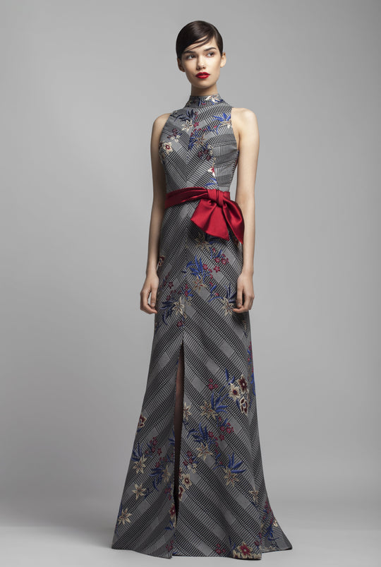 Beside Couture by Gemy - BC1398 High Halter Jacquard A-line Dress In Black and Red