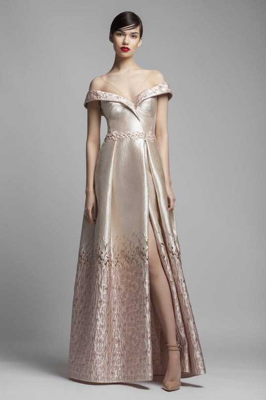 Beside Couture by Gemy - BC1401 Brocade Illusion Neck A-line Dress In Pink and Gold