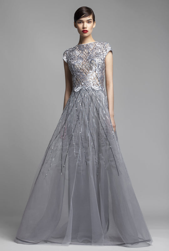 Beside Couture by Gemy - BC1406 Sequin Embroidered Bateau A-line Dress In Gray