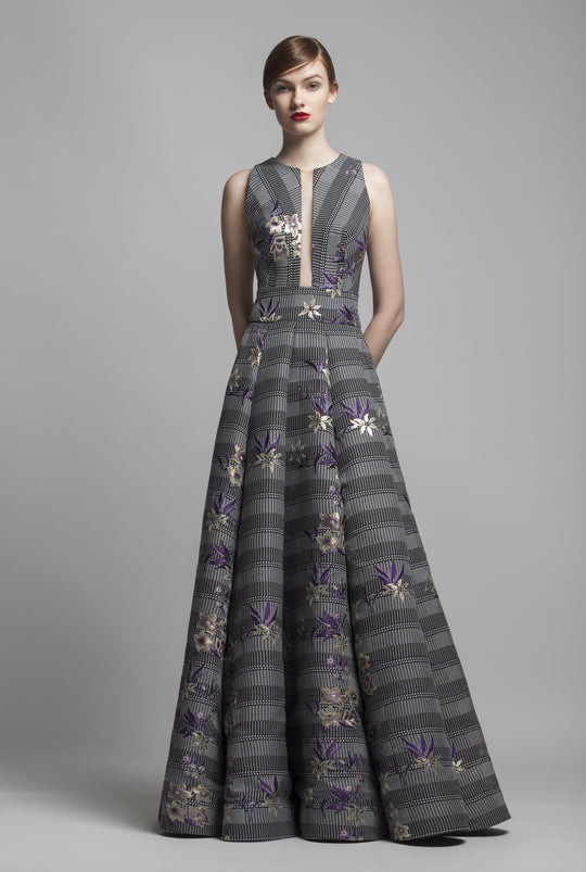 Beside Couture by Gemy - BC1409 Floral Embroidered Jacquard Dress In Black and Purple