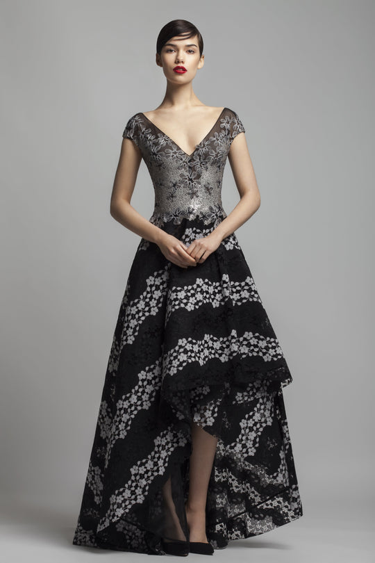 Beside Couture by Gemy - BC1410 Embroidered Vneck High Low Aline Dress In Black and Silver