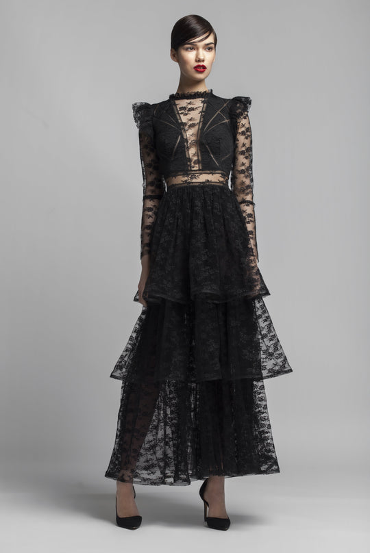 Beside Couture by Gemy - BC1413 Ruffled Lace Long Sleeve Dress In Black