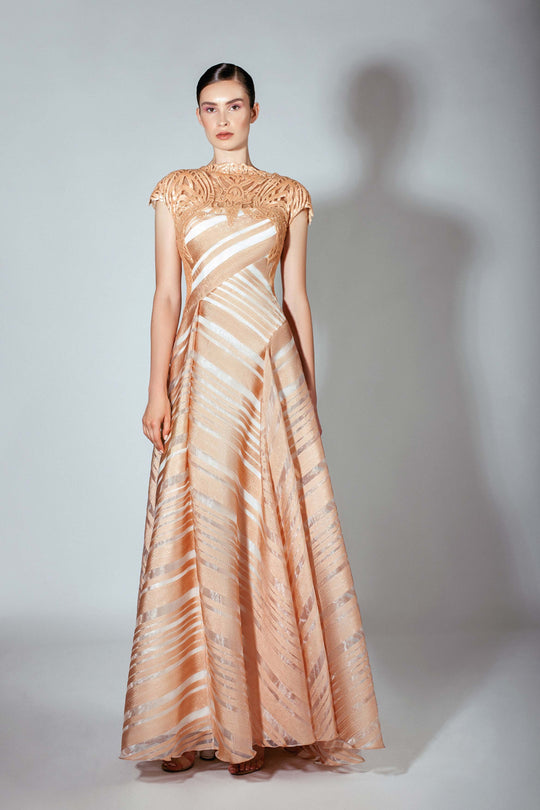 Beside Couture by Gemy - BC 1422 Sequin Ornate Striped Organza Gown In Orange