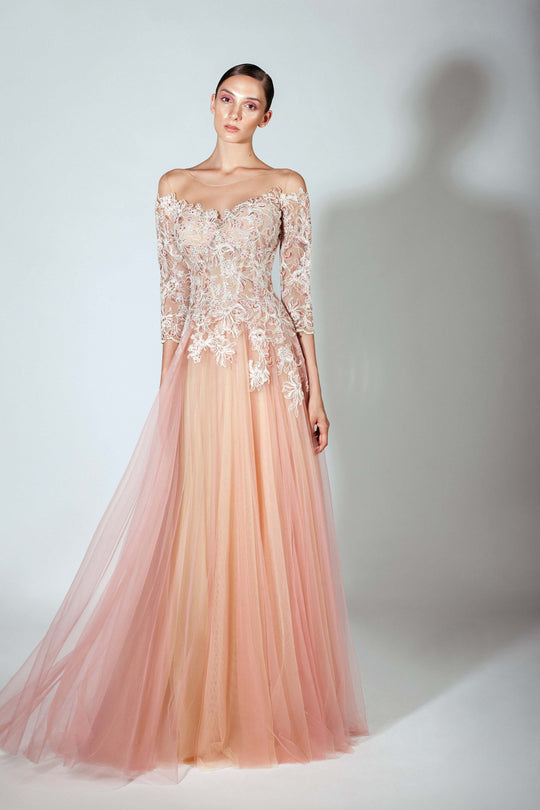 Beside Couture by Gemy - BC 1425 Off Shoulder Lace and Tulle Gown In Pink