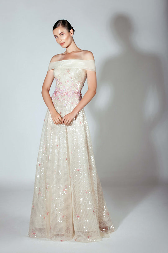 Beside Couture by Gemy - BC 1427 Applique Off-Shoulder A-line Gown In Neutral