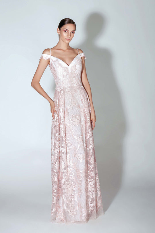 Beside Couture by Gemy - BC 1429 Emnroidered Plunging Neck A-line Gown In Pink