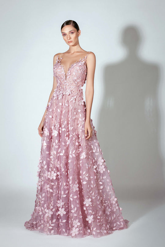 Beside Couture by Gemy - BC 1430 Illusion Plunge Foliage Applique Gown In Pink
