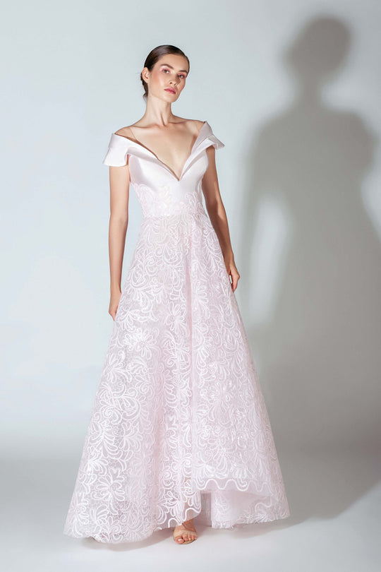 Beside Couture by Gemy - BC 1433 Draped Plunging Off Shoulder Gown In Pink