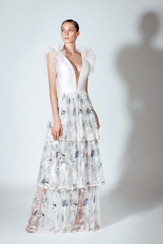 Beside Couture by Gemy - BC 1434 Ruffled Floral Embroidered Tier Gown In Pink