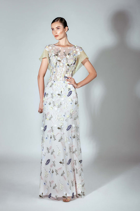 Beside Couture by Gemy - BC 1435 Sheer Corset Bodice Embroidered Gown In White and Yellow