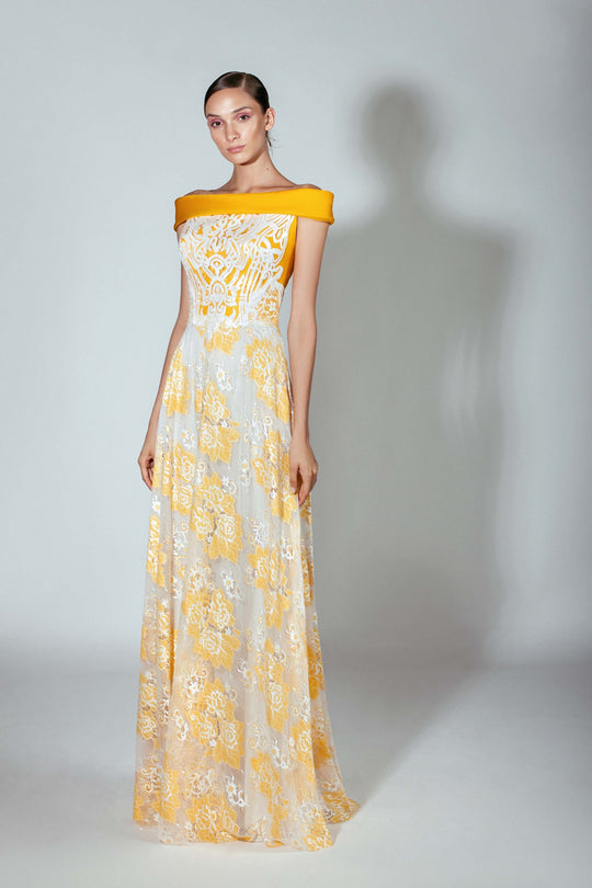 Beside Couture by Gemy - BC 1436 Contrast Sequined Off Shoulder Gown In Yellow