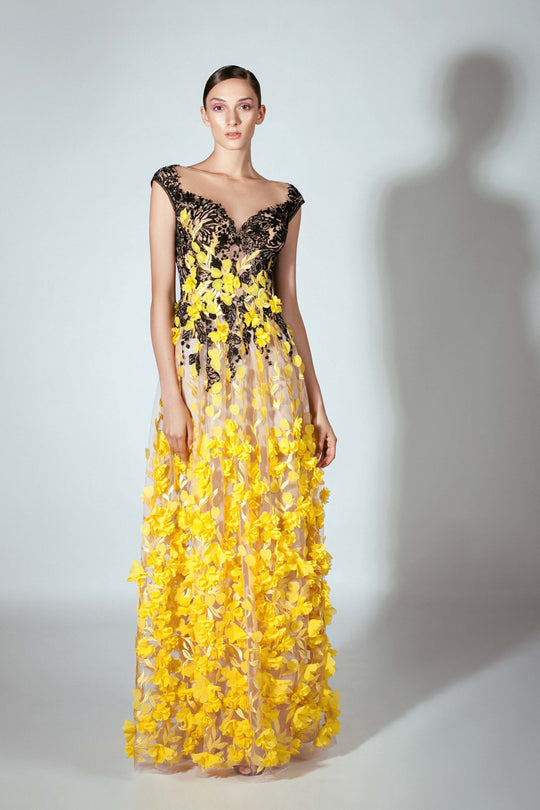 Beside Couture by Gemy - BC 1437 Contrast Embroidered Cap Sleeve Gown In Yellow and Black