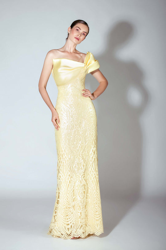 Beside Couture by Gemy - BC 1438 Bow-Ornate Sequined Sheath Gown In Yellow
