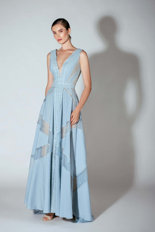 Beside Couture by Gemy - BC 1444 Plunging V-Neck A-Line Evening Dress In Blue