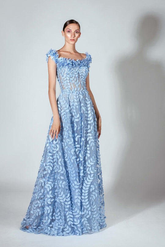 Beside Couture by Gemy - BC 1445 3D Appliqued A-Line Evening Gown In Blue