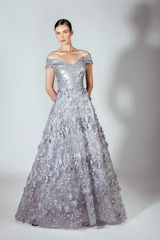 Beside Couture by Gemy - BC 1447 Embellished Off-Shoulder A-Line Gown In Silver