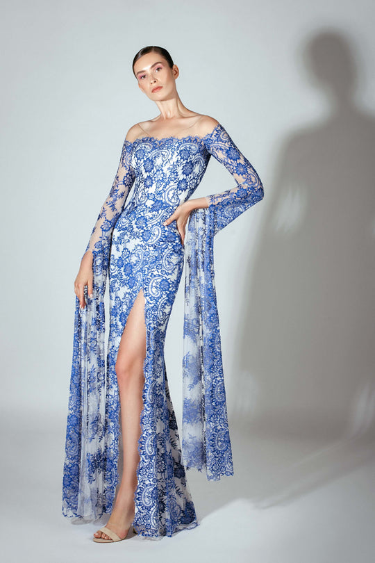 Beside Couture by Gemy - BC 1449 Lace V-Neck Dress with Slit In Blue