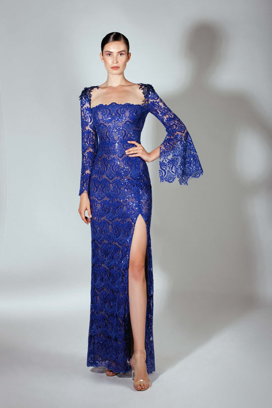 Beside Couture by Gemy - BC 1451 Sequined Long Sleeves Gown with Slit In Blue