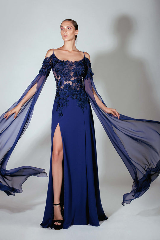 Beside Couture by Gemy - BC 1452 Floral Appliqued A-Line Dress with Slit In Blue
