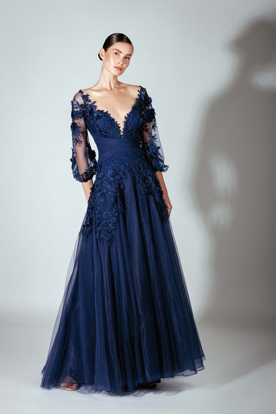 Beside Couture by Gemy - BC 1453 Embroider Illusion Bateau A-line Gown In Blue