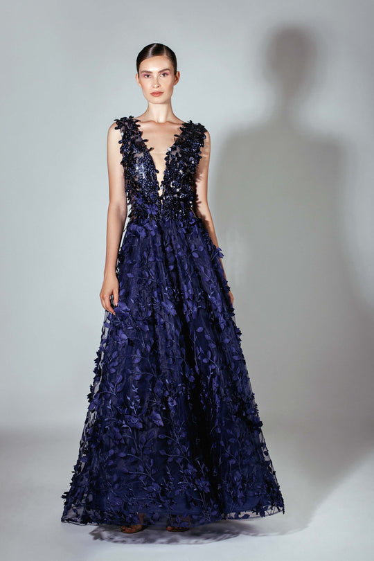 Beside Couture by Gemy - BC 1454 Applique Deep V-neck A-line Gown In Blue