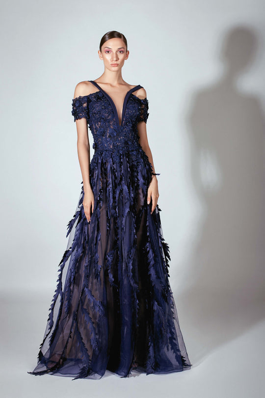 Beside Couture by Gemy - BC 1455 Embroidered Deep V-neck A-line Dress In Blue