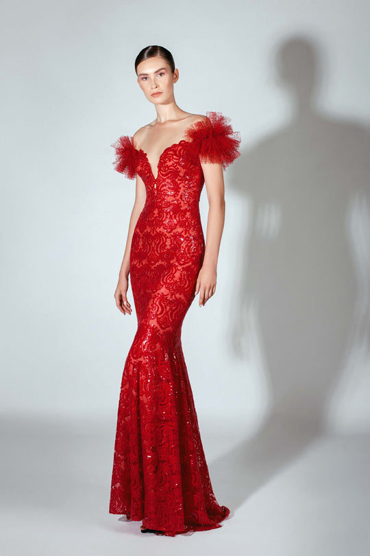 Beside Couture by Gemy - BC 1457 Sequined Illusion Bateau Trumpet Gown In Red