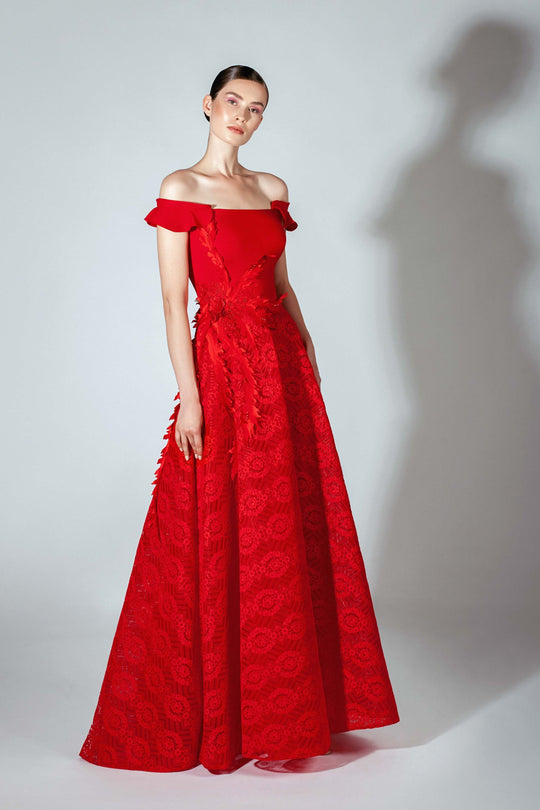 Beside Couture by Gemy - BC 1458 Lace Off-Shoulder A-line Dress In Red