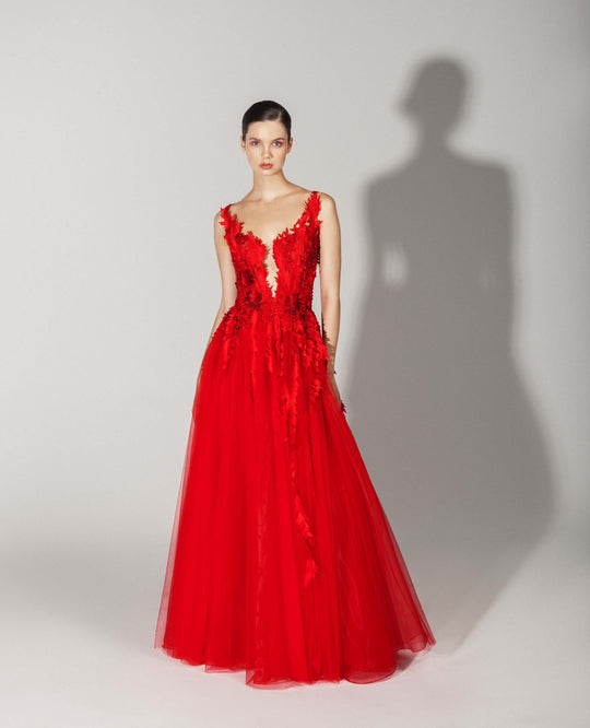 Beside Couture by Gemy - BC 1459 Applique Deep V-neck A-line Gown In Red