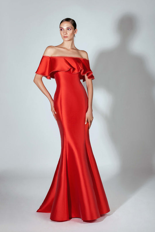 Beside Couture by Gemy - BC 1460 Ruffled Off-Shoulder Mermaid Dress In Red