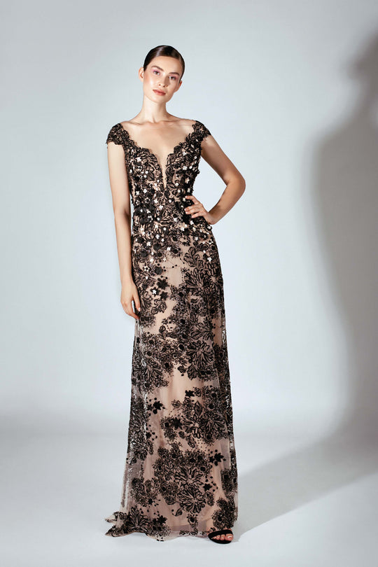 Beside Couture by Gemy - BC 1463 Lace Applique Sheath Dress In Black and Nude