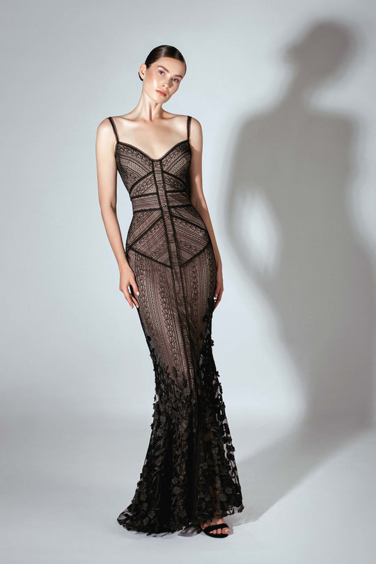 Beside Couture by Gemy - BC 1464 Lace Trumpet Dress With Appliques In Black