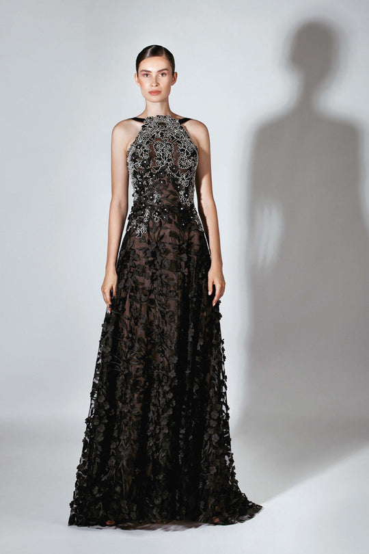 Beside Couture by Gemy - BC 1465 Lace Halter A-line Gown With Applique In Black