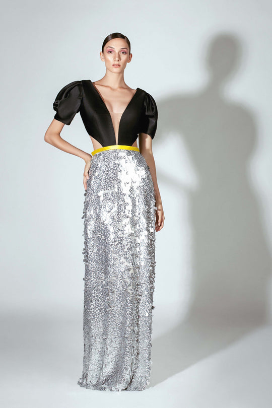 Beside Couture by Gemy - BC 1467 Deep V-neck Sequined Sheath Dress In Black and Silver